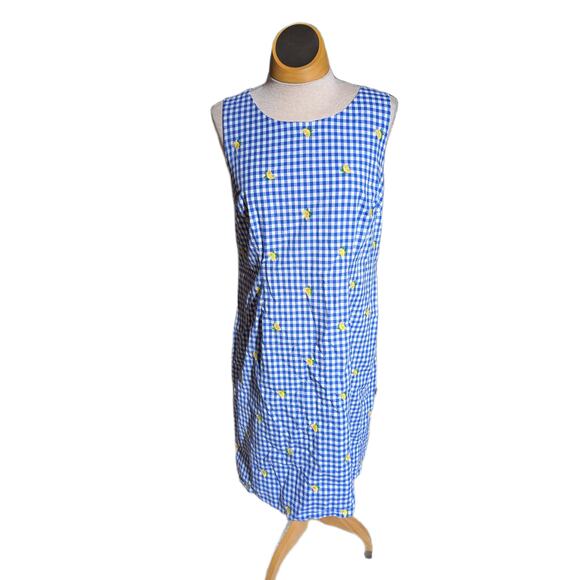 Talbots Blue Cotton Gingham Lemon Embroidered Knee Length Shift Dress Sz 6 - Picture 2 of 7